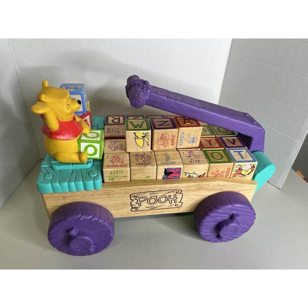 VTG Disney Winnie The Pooh ABC Singing Lighted Wagon w/Alphabet Wooden Blocks
